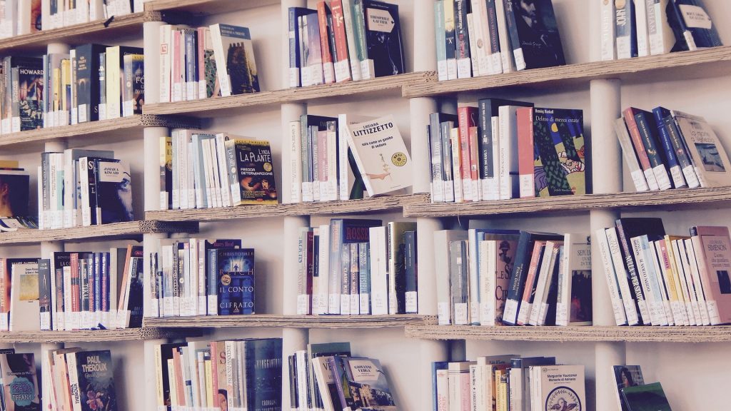 Cette image est l'illustration d'une bibliothèque avec des étagères en bois remplies de livres
